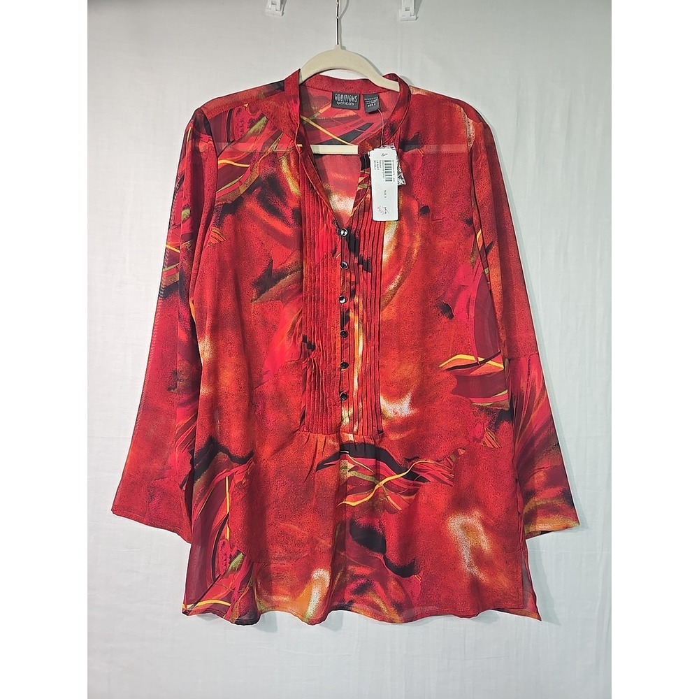 NWT Chico's Disco Inferno Sheer Blouse Top Women's 2 (L) Sheer Red 1/2 Button Up